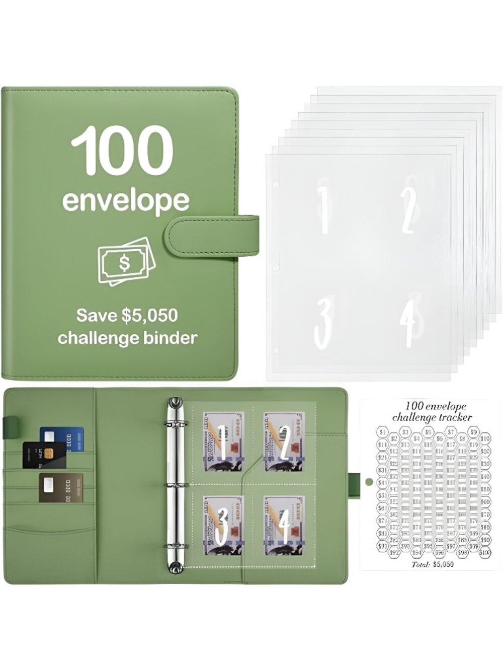 100 Envelopes Money Saving Challenge Binder with Reusable Laminated Tracker